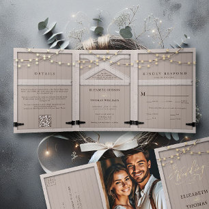 Rustic Barn Wood Calligraphy Elegant Photo Wedding Tri-Fold Invitation