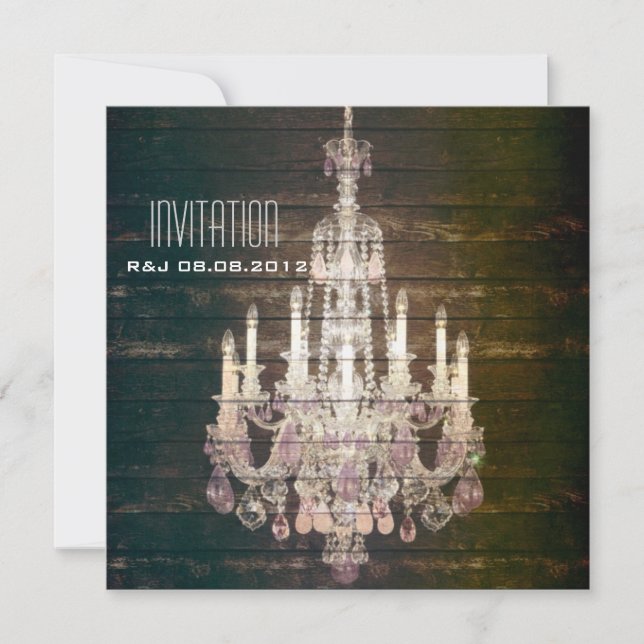 Rustic Barn Wood Chandelier wedding Invitation (Front)