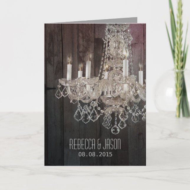Rustic barn wood chandelier wedding invitation (Front)