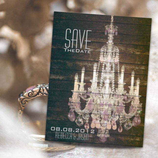 Rustic Barn Wood Chandelier wedding save the date Announcement Postcard (Rustic Barn Wood Chandelier wedding save the date Announcement Postcard)