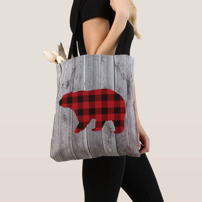 rustic barn wood christmas red buffalo plaid bear tote bag (Close Up)