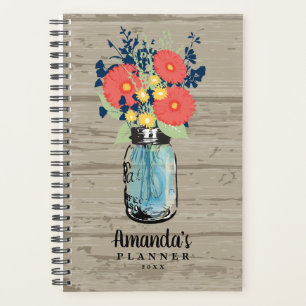 Rustic Barn Wood Coral Gerber Daisy Mason Jar Planner