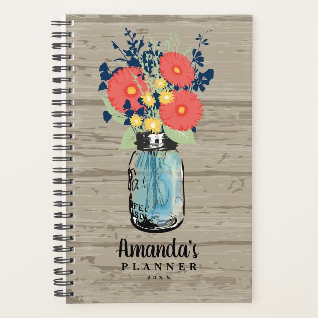Rustic Barn Wood Coral Gerber Daisy Mason Jar Planner (Front)