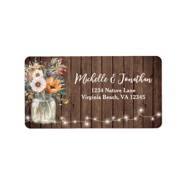 Rustic Barn Wood Country Floral Wedding Address Label (Front)