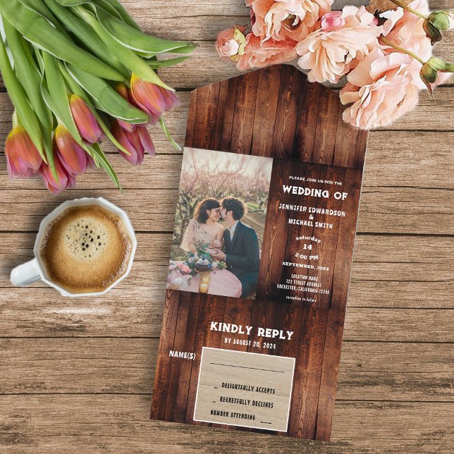 Rustic barn wood country photo Wedding All In One Invitation (Rustic country farmhouse rural photo wedding invitation and RSVP card in one.)
