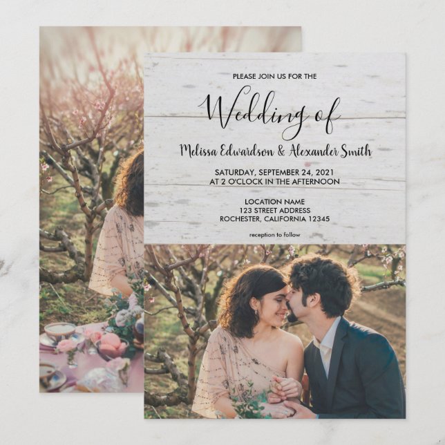Rustic barn wood country photo wedding invitation (Front/Back)