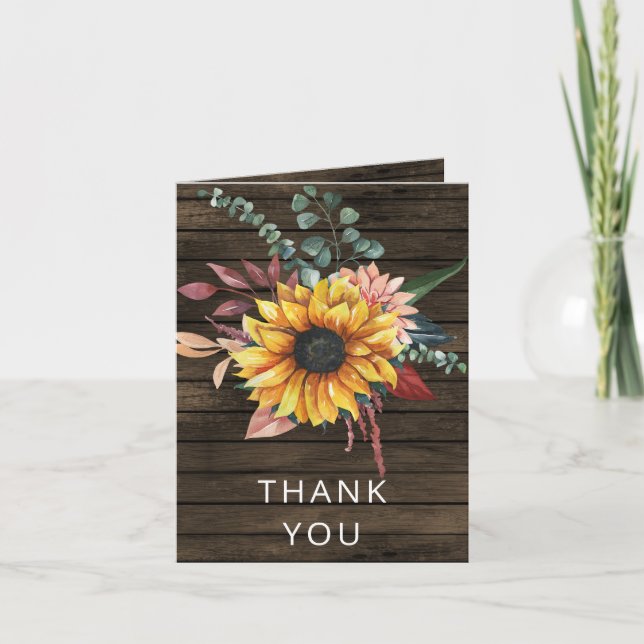 Rustic Barn Wood Country Sunflowers Thank You Invitation (Front)