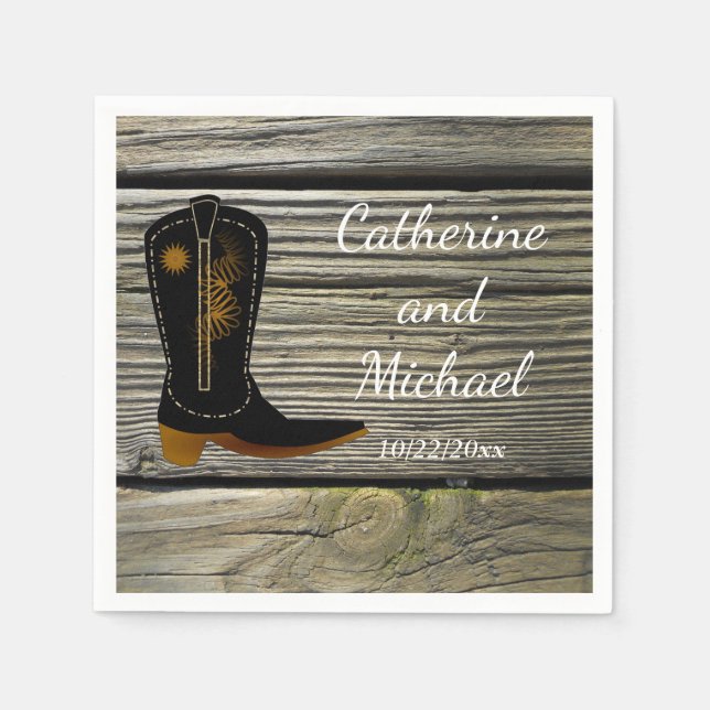 Rustic Barn Wood Country Wedding Cowboy Boot Napkin (Front)