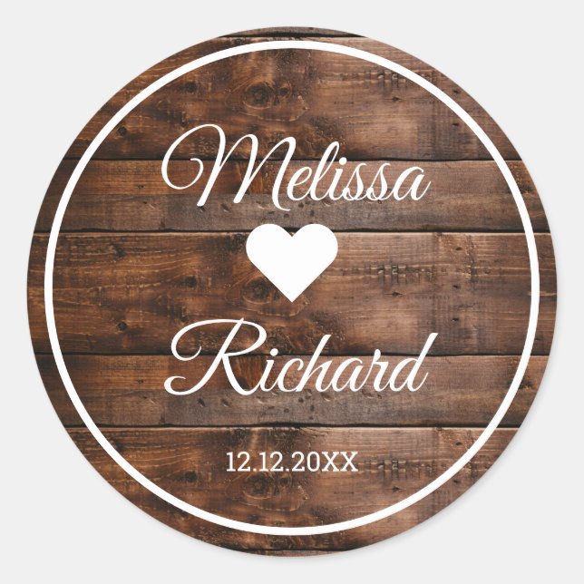 Rustic Barn Wood Country Wedding Favour Classic Round Sticker (Front)