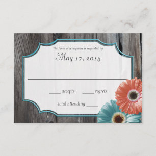 Rustic Barn Wood Daisy Coral and Aqua Reply RSVP Card