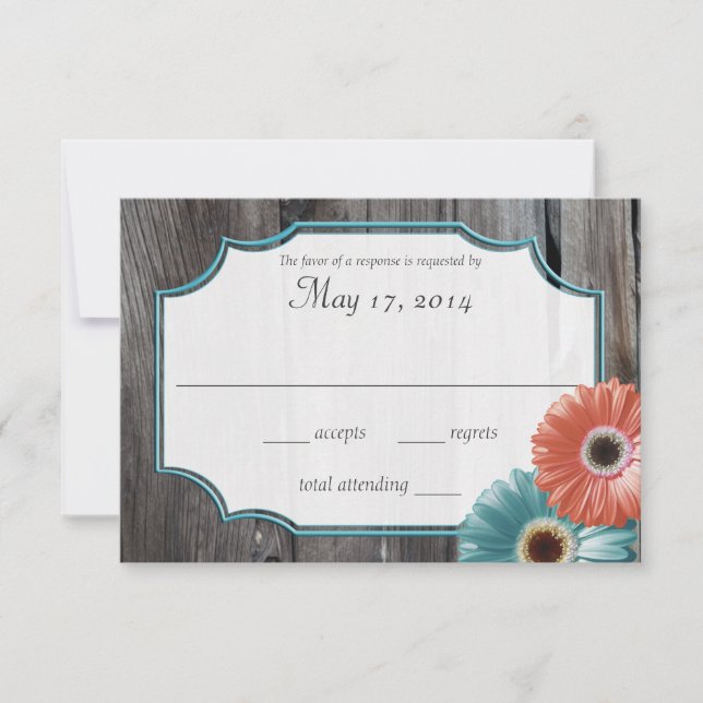 Rustic Barn Wood Daisy Coral and Aqua Reply RSVP Card (Front)
