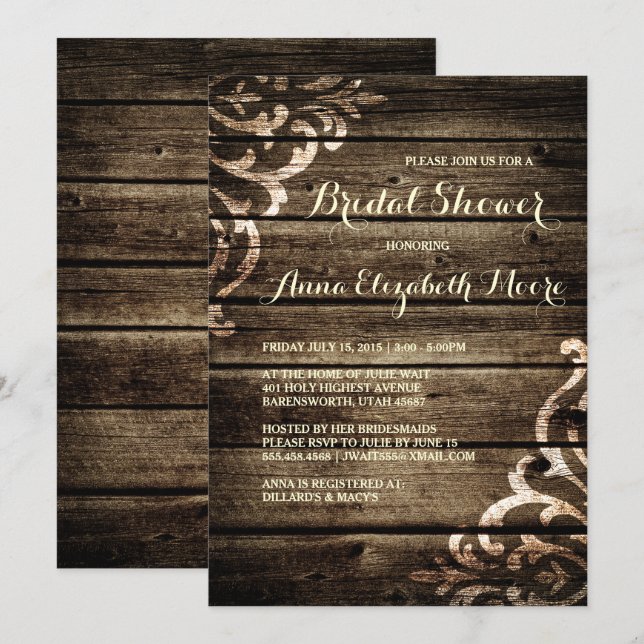 Rustic Barn Wood Damask Vintage Bridal Shower Invitation (Front/Back)