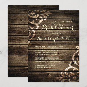 Rustic Barn Wood Damask Vintage Bridal Shower Invitation