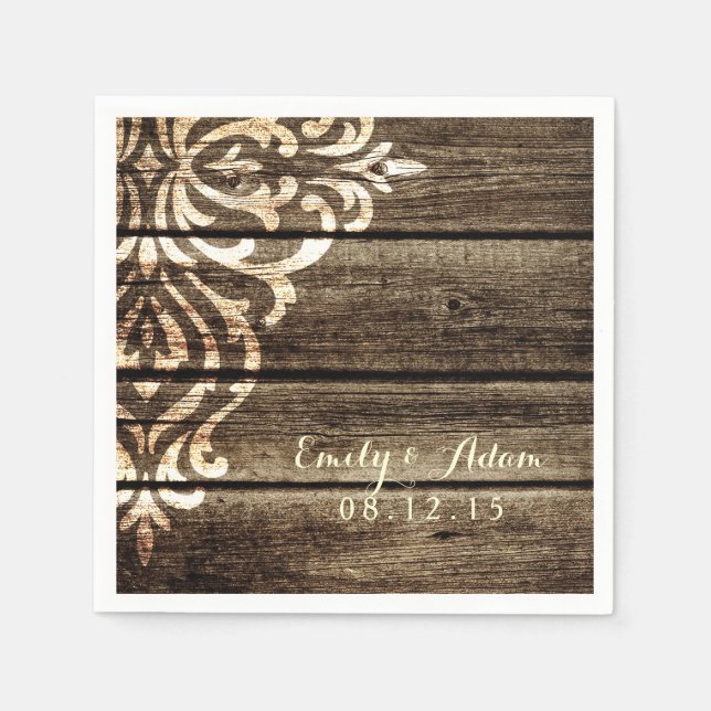 Rustic Barn Wood Damask Vintage Wedding Napkins (Front)