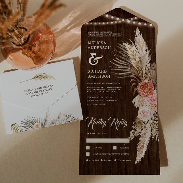 Rustic Barn Wood Earthy Floral Boho Pampas Wedding All In One Invitation (Creator Uploaded)