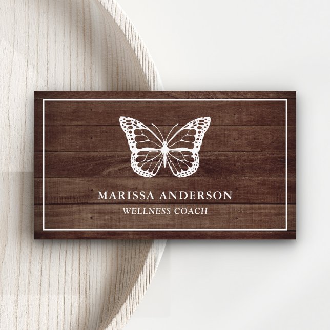 Rustic Barn Wood Elegant White Butterfly Business Card (Creator Uploaded)
