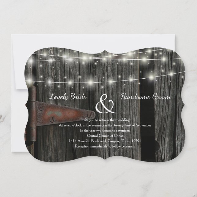 Rustic Barn Wood Fairy Lights Wedding Invite (Back)