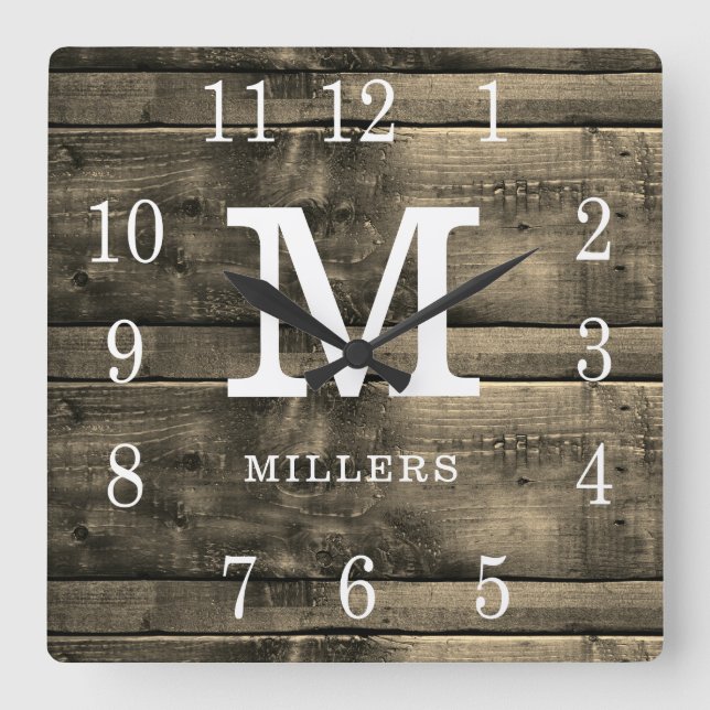 Rustic Barn Wood Family Name Monogram Farmhouse Square Wall Clock (Front)