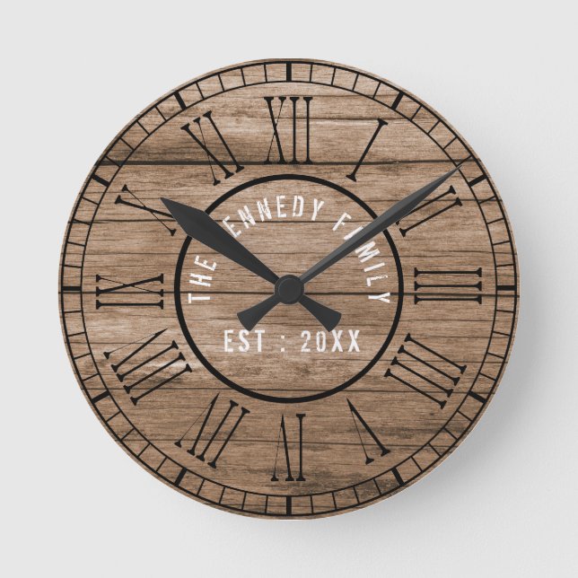 Rustic Barn Wood Farmhouse Black Roman Numerals Round Clock (Front)