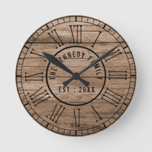 Rustic Barn Wood Farmhouse Black Roman Numerals Round Clock