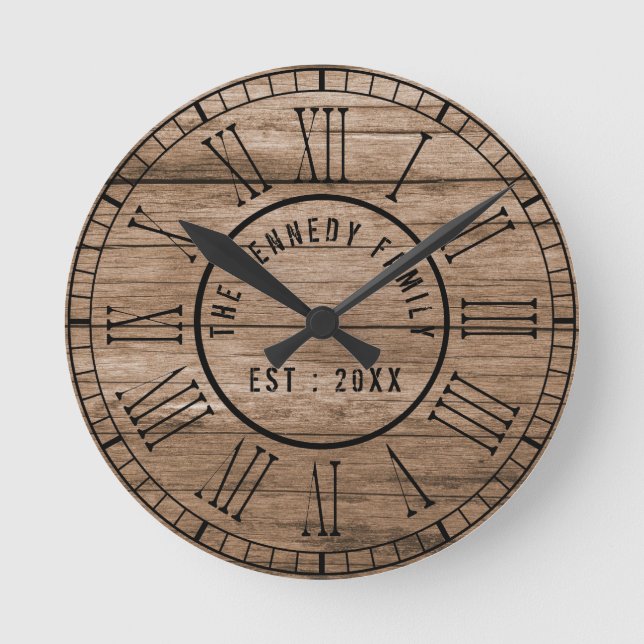Rustic Barn Wood Farmhouse Black Roman Numerals Round Clock (Front)