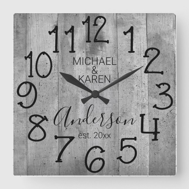 Rustic Barn Wood Farmhouse Custom Family Name Square Wall Clock (Front)