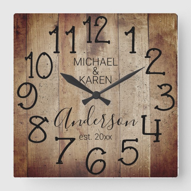 Rustic Barn Wood Farmhouse Custom Family Name Square Wall Clock (Front)