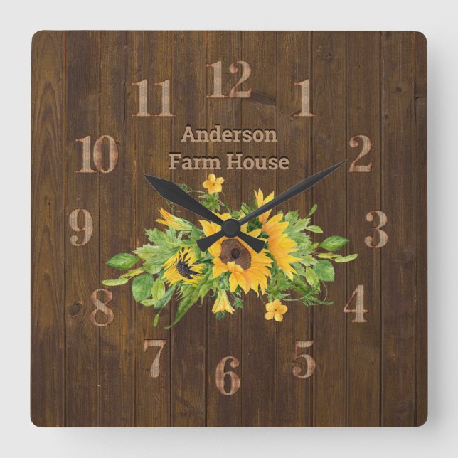 Rustic Barn Wood Farmhouse Kitchen Sunflowers Square Wall Clock (Front)