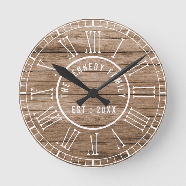 Rustic Barn Wood Farmhouse White Roman Numerals Round Clock (Front)