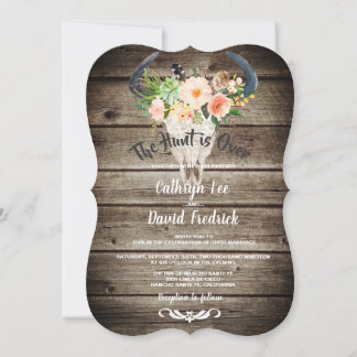 Rustic Barn Wood Floral Antler Hunt's Over Wedding Invitation