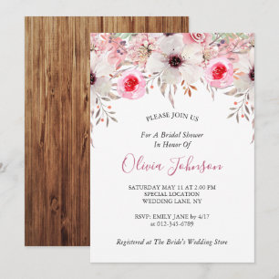 Rustic Barn Wood Floral Blush Pink Bridal Shower Invitation