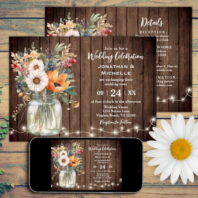 Rustic Barn Wood Floral Country All in One Wedding Invitation (Creator Uploaded)
