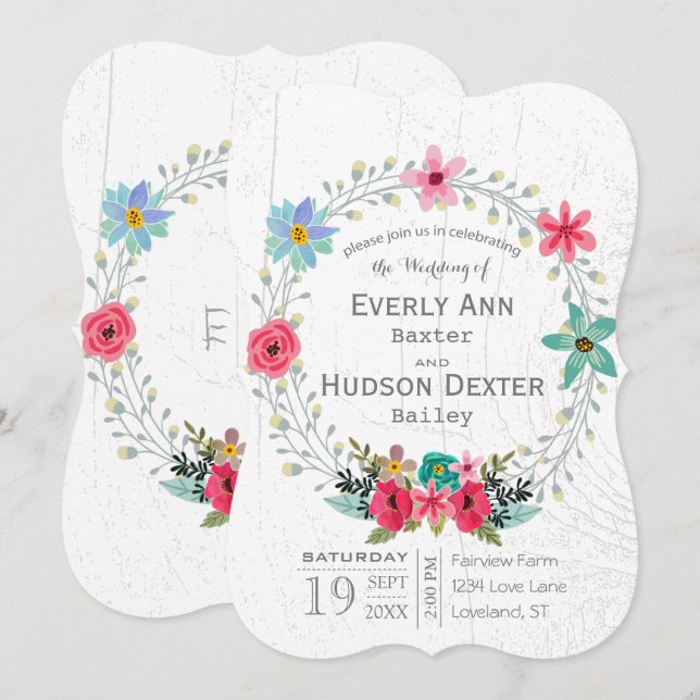 Rustic Barn Wood Floral Garland Wreath Invitation (Front/Back)
