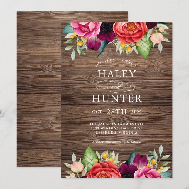 Rustic Barn Wood Floral Wedding Invitation (Front/Back)