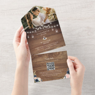 Rustic Barn Wood & Floral Wedding QR Code Photo All In One Invitation