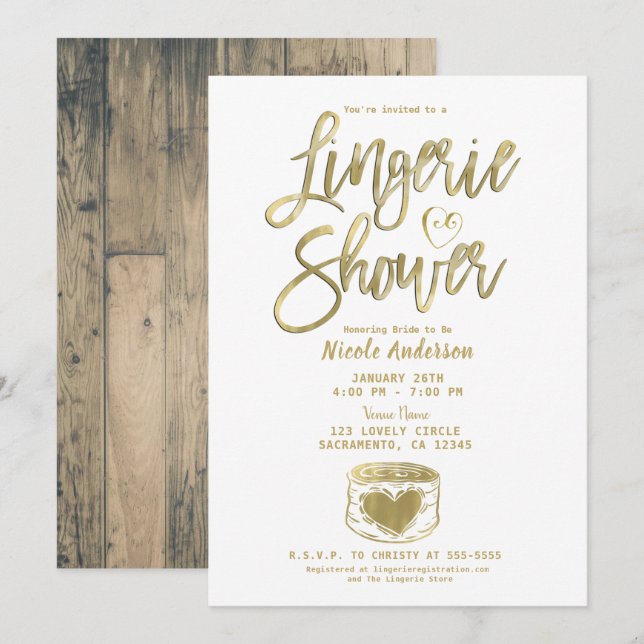 Rustic Barn Wood Glam Gold Lingerie Shower  Invita Invitation (Front/Back)