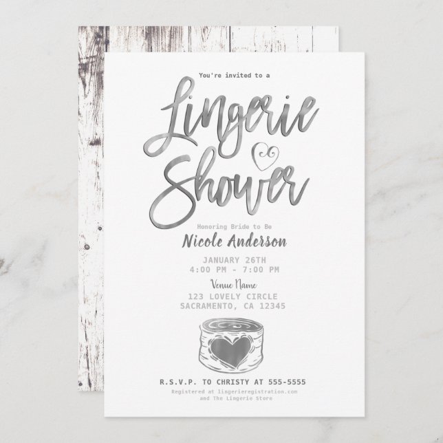 Rustic Barn Wood Glam Silver Lingerie Shower  Invitation (Front/Back)