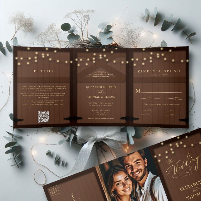 Rustic Barn Wood Gold Calligraphy Elegant Wedding Tri-Fold Invitation (rustic barn wedding invitation tri fold all in one dark wood country barn cottage farmhouse backyard)