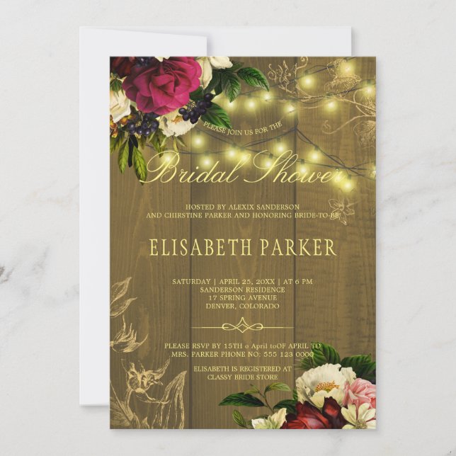 Rustic barn wood gold lights floral bridal shower invitation (Front)