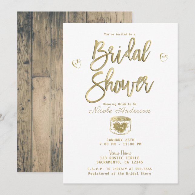 Rustic Barn Wood Gold & White Chic Bridal Shower  Invitation (Front/Back)