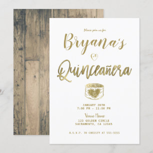 Rustic Barn Wood Gold White Chic Quinceañera 15   Invitation