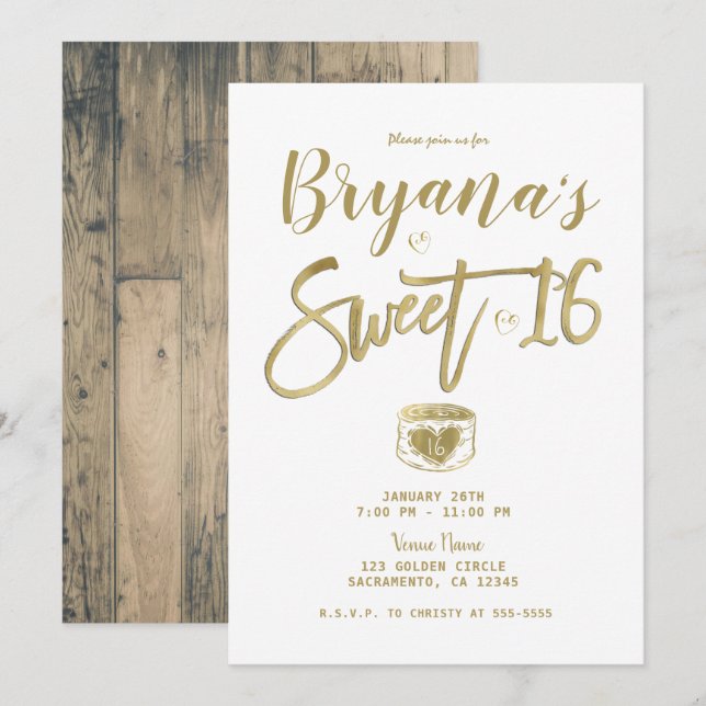 Rustic Barn Wood Gold & White Chic Sweet 16 Party  Invitation (Front/Back)