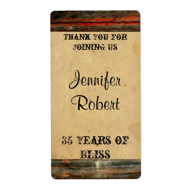 Rustic Barn Wood Graffiti Anniversary Wine Label (Front)