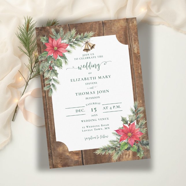 Rustic Barn Wood Greenery Christmas Winter Wedding Invitation (winter wedding invitation rustic barn wood greenery floral poinsettia christmas green red elegant )