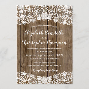 Rustic Barn Wood Lace Calligraphy Wedding Invitation