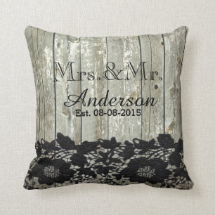 rustic barn wood  lace country wedding mr and mrs cushion