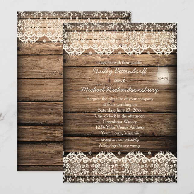 Rustic Barn Wood Lace Mason Jar Wedding Invitation (Front/Back)