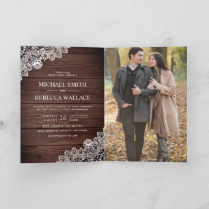 Rustic Barn Wood Lace Photo QR Code Wedding Invitation