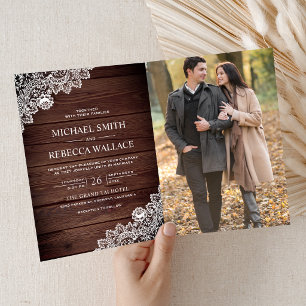 Rustic Barn Wood Lace Photo QR Code Wedding Invitation