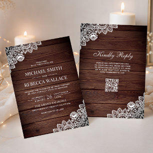 Rustic Barn Wood Lace QR Code Wedding Invitation